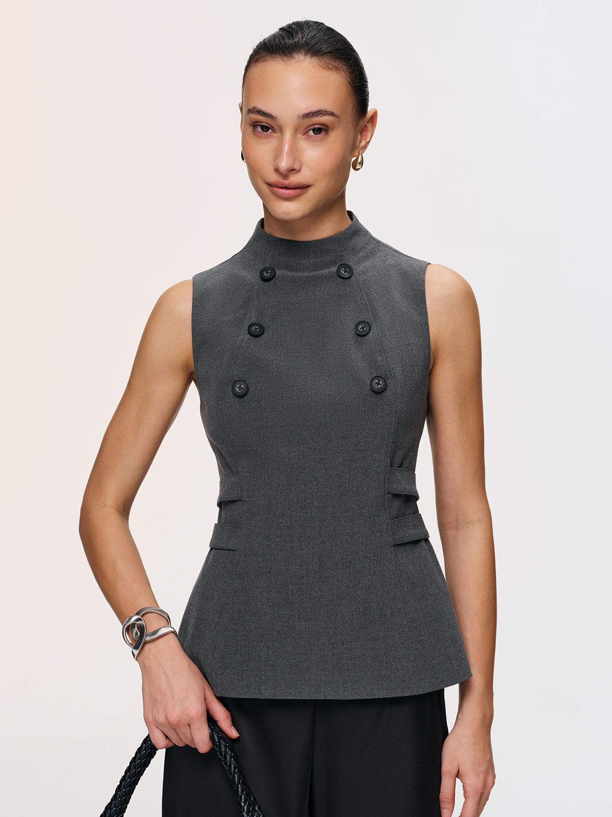 Button Detail Sleeveless Peplum Vest