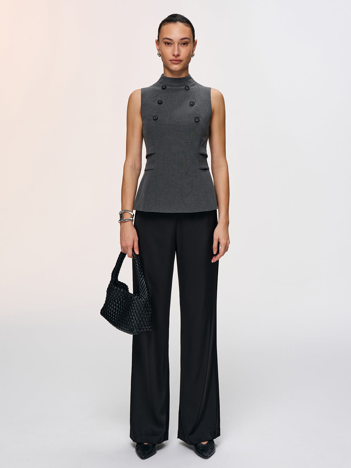 Button Detail Sleeveless Peplum Vest