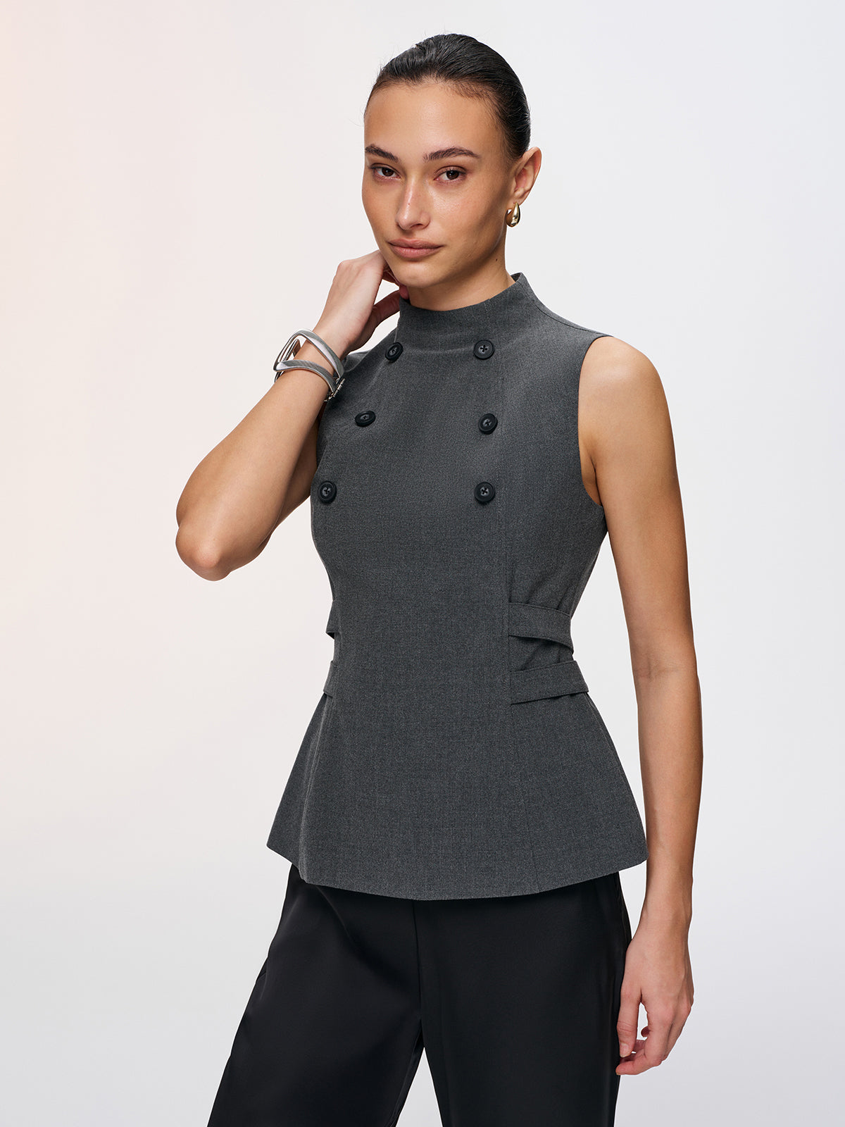 Button Detail Sleeveless Peplum Vest