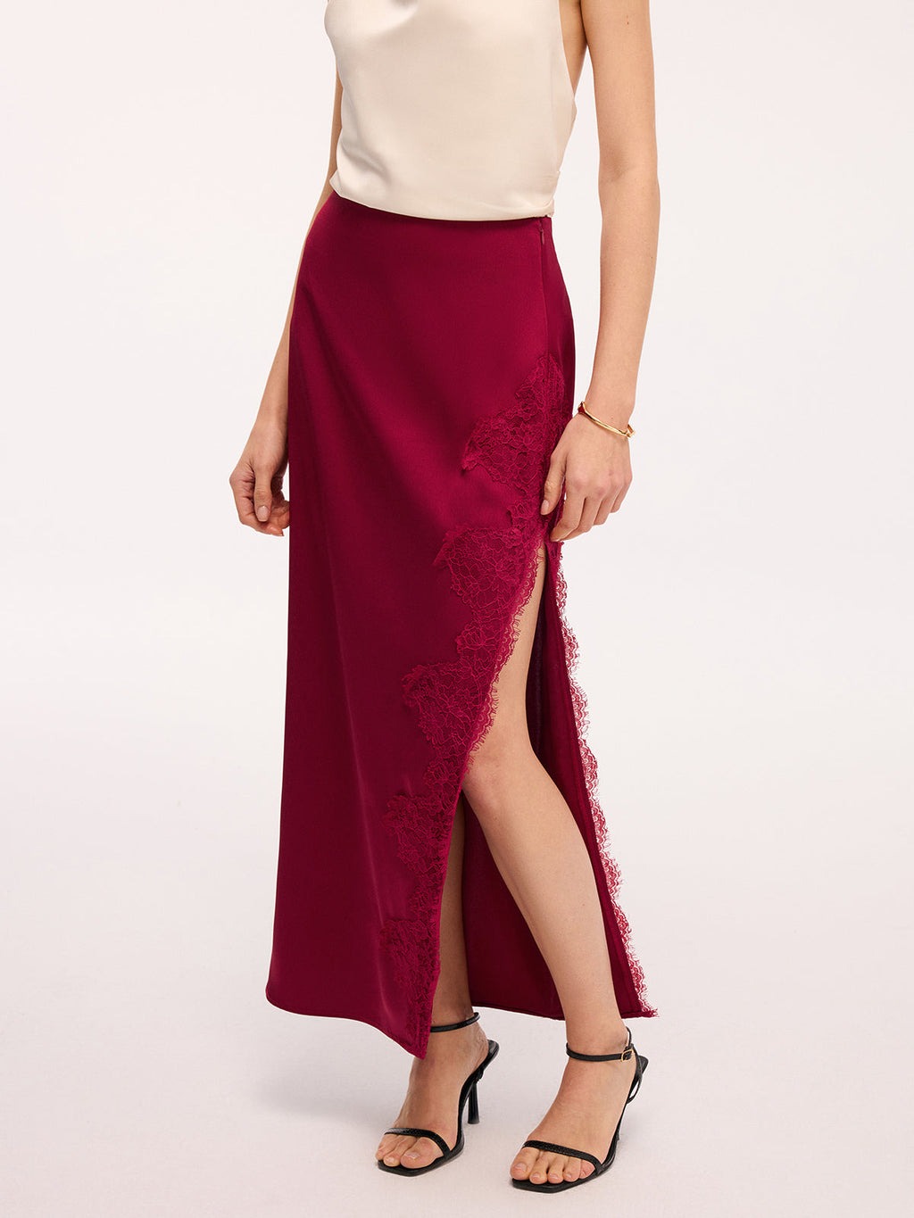 Side Slit Lace Trim Satin Maxi Skirt