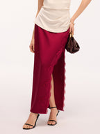 Side Slit Lace Trim Satin Maxi Skirt