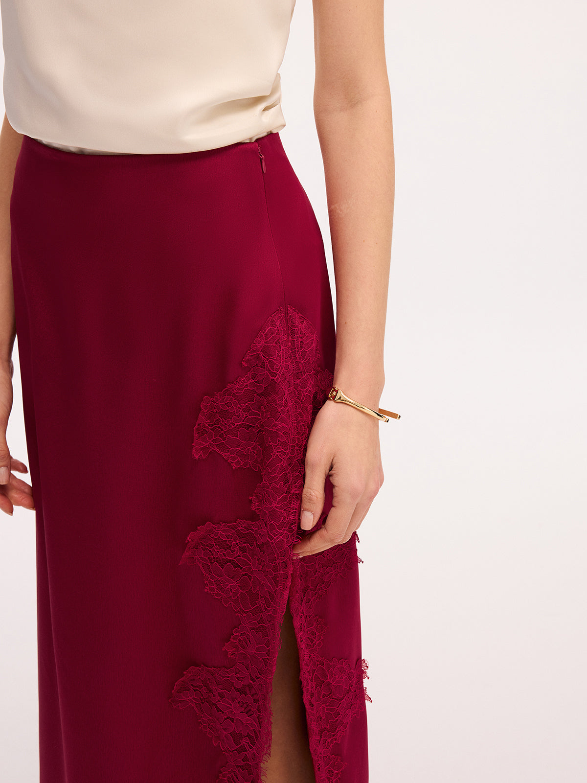 Side Slit Lace Trim Satin Maxi Skirt