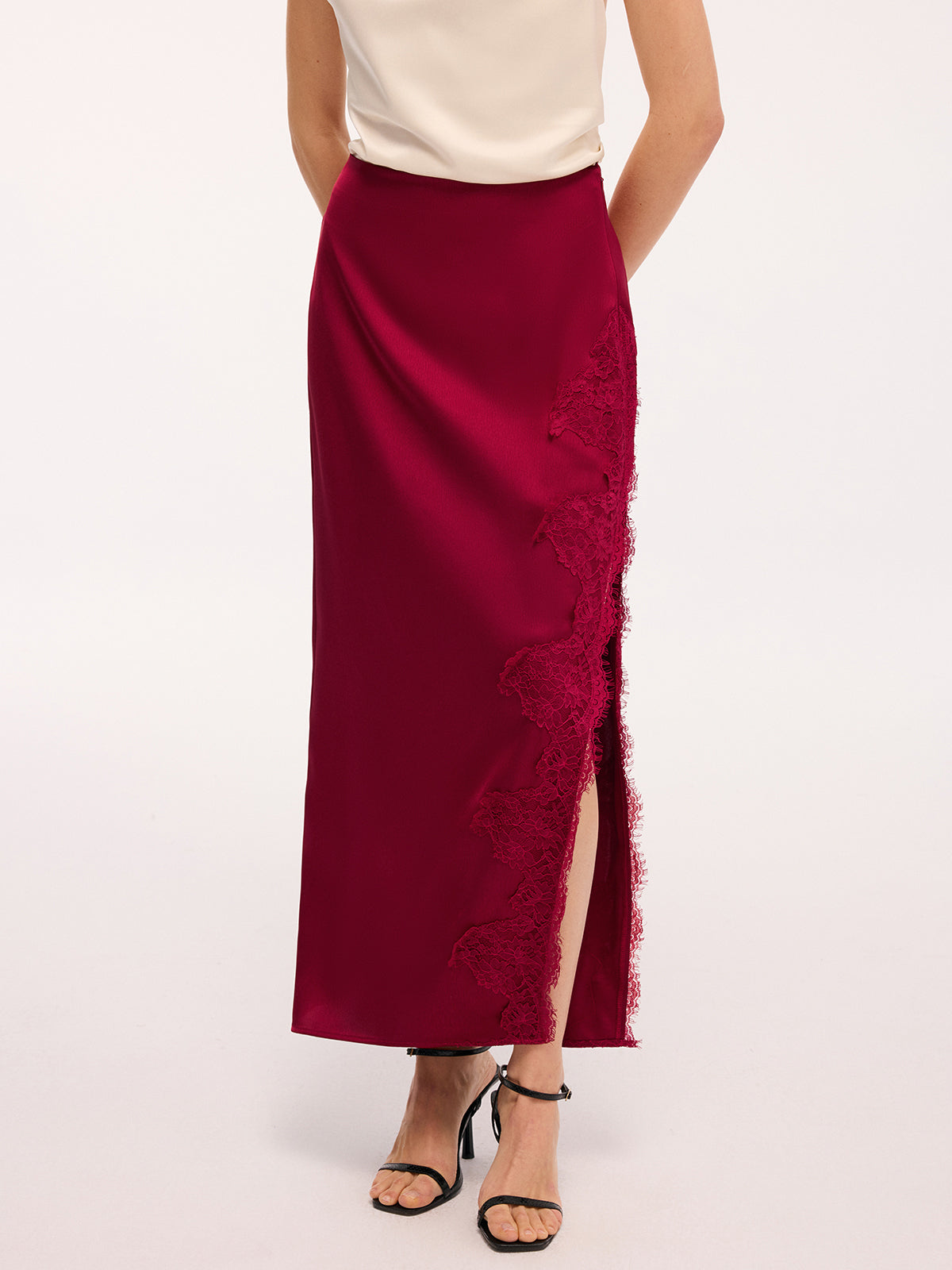 Side Slit Lace Trim Satin Maxi Skirt