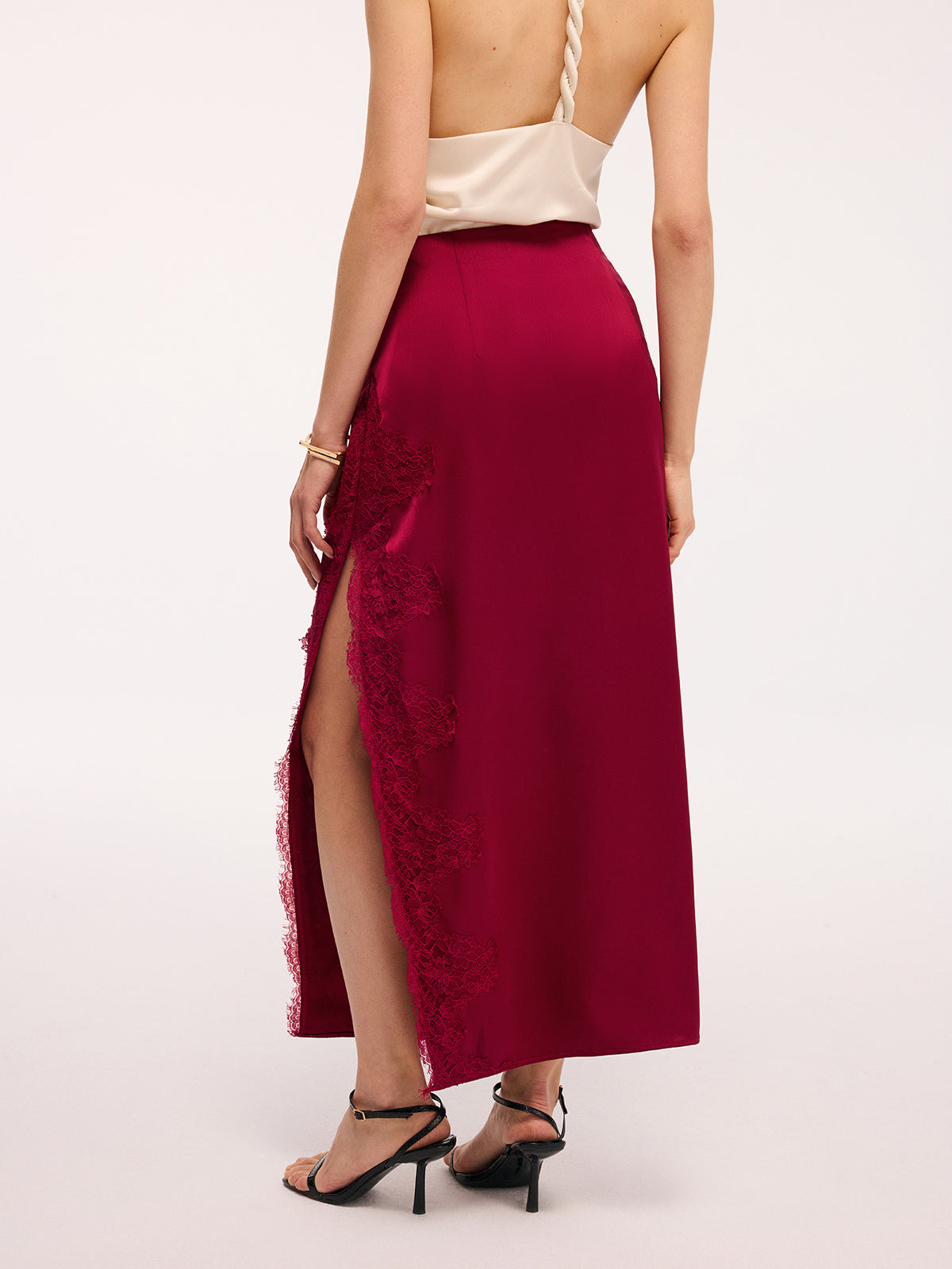 Side Slit Lace Trim Satin Maxi Skirt