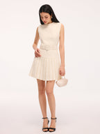 Belted Tweed Sleeveless Pleated Mini Dress
