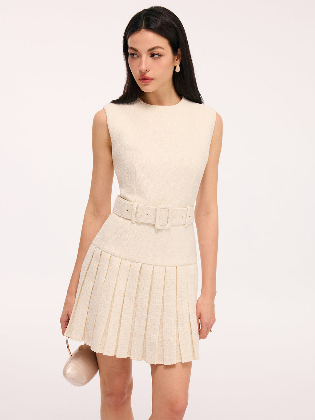 Belted Tweed Sleeveless Pleated Mini Dress