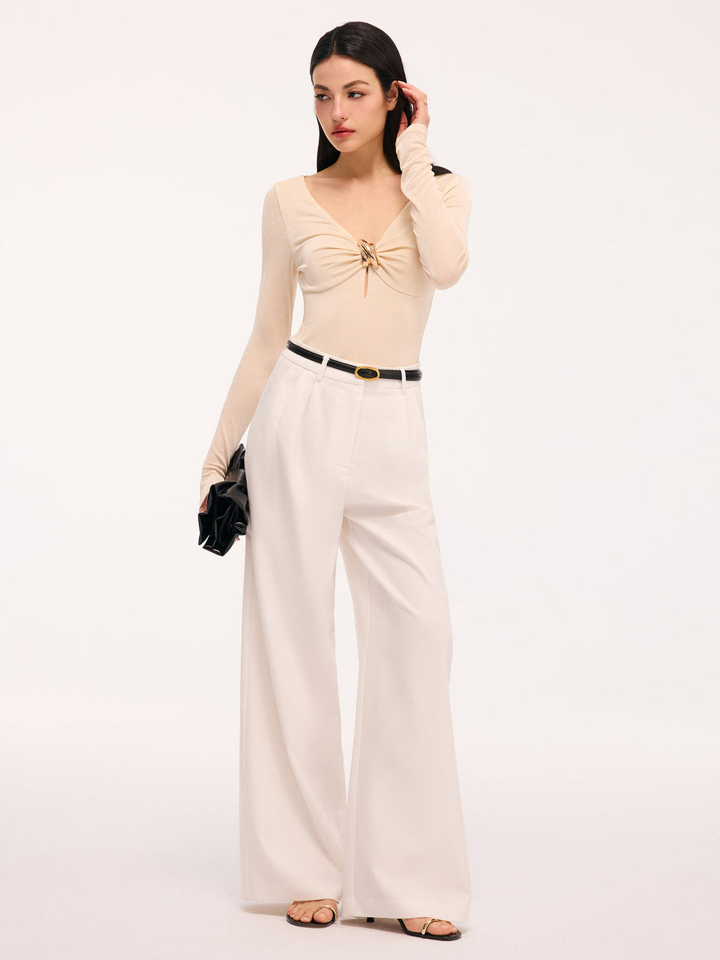 Metal Detail Cut-Out Long-Sleeve Bodysuit