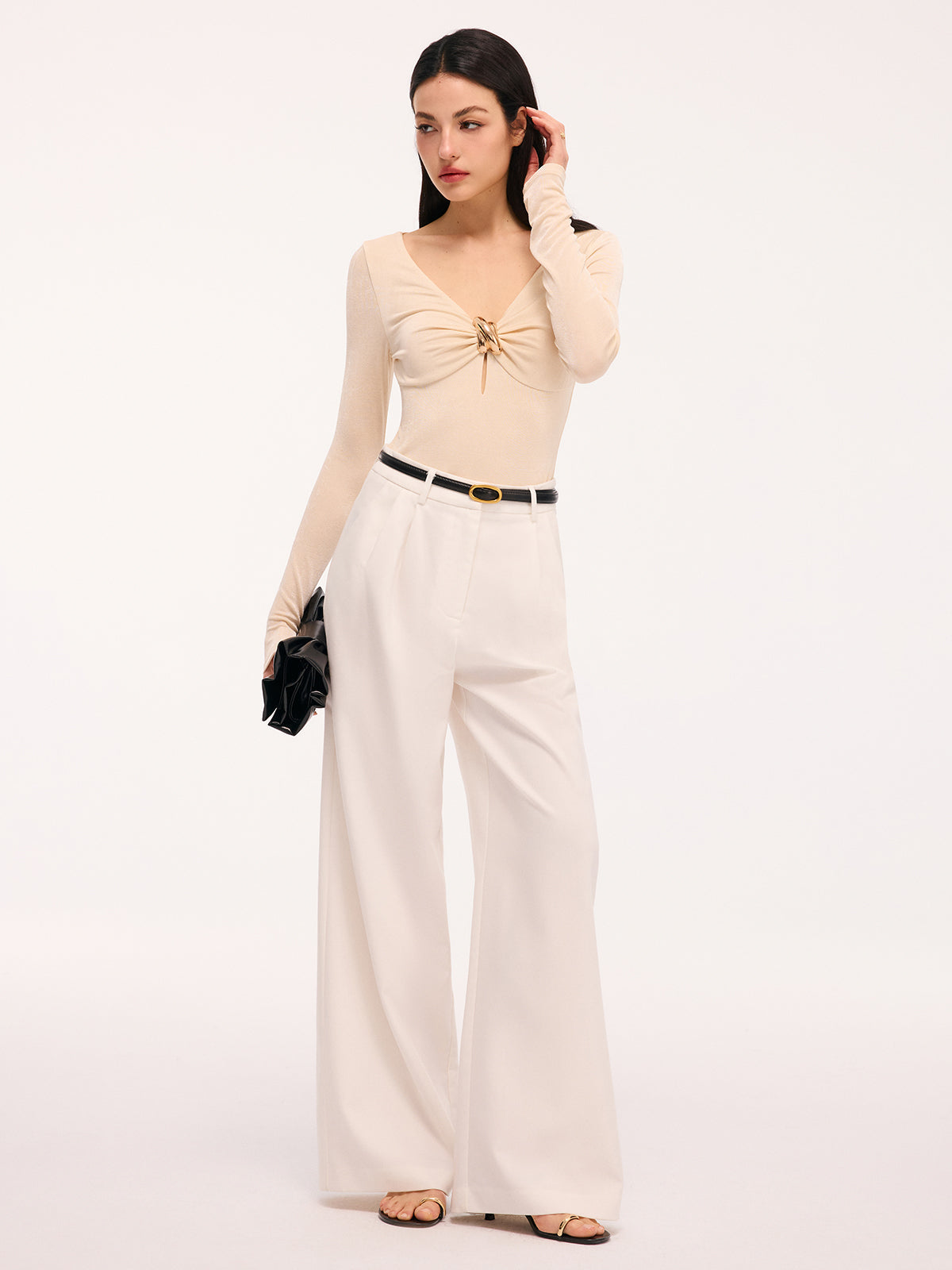 Metal Detail Cut-Out Long-Sleeve Bodysuit