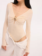 Metal Detail Cut-Out Long-Sleeve Bodysuit