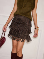 Tiered Fringe Suede Effect Mini Skirt