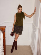 Tiered Fringe Suede Effect Mini Skirt