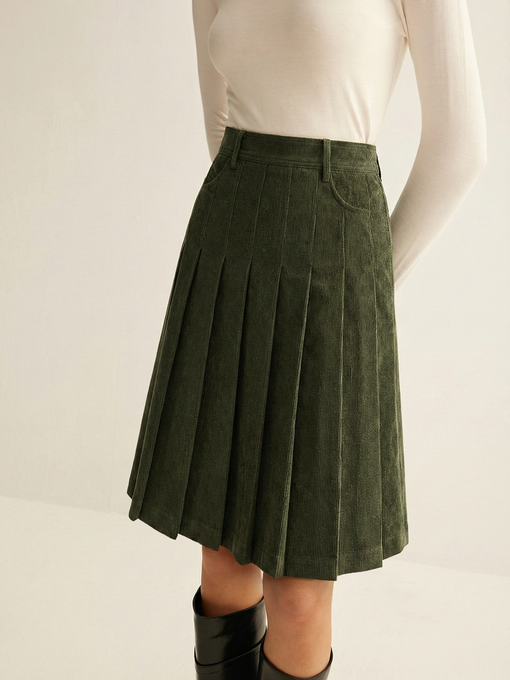 Pleated Corduroy Midi Skirt