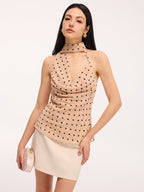Polka Dot Halter Neck Draped Blouse