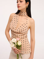 Polka Dot Halter Neck Draped Blouse