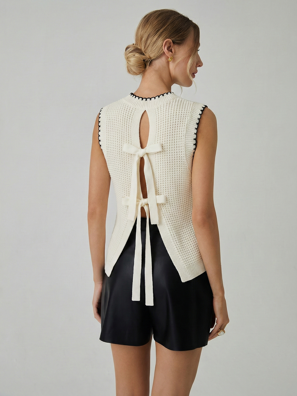Bow Detail Waffle Knit Sleeveless Top