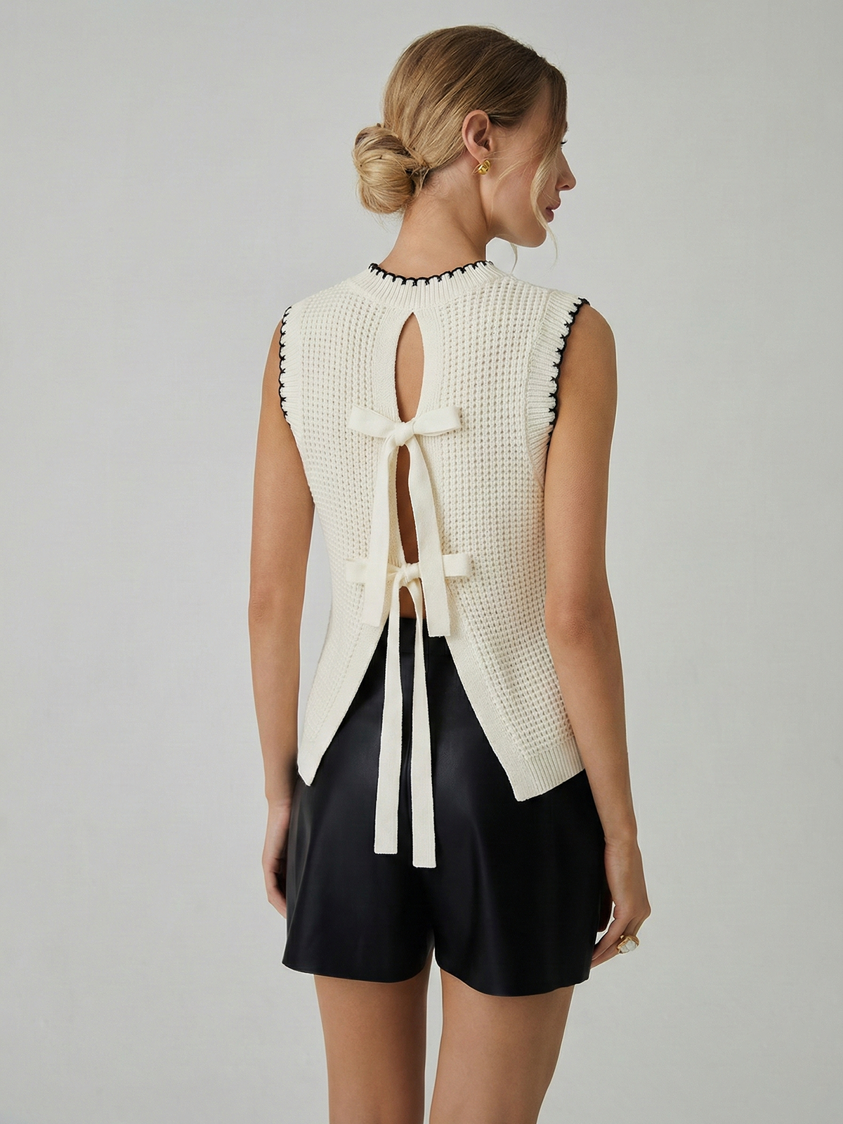 Bow Detail Waffle Knit Sleeveless Top