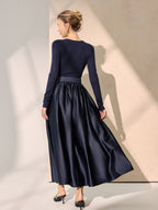 Belted Satin Panel V-Neck Long Sleeve Maxi Dress