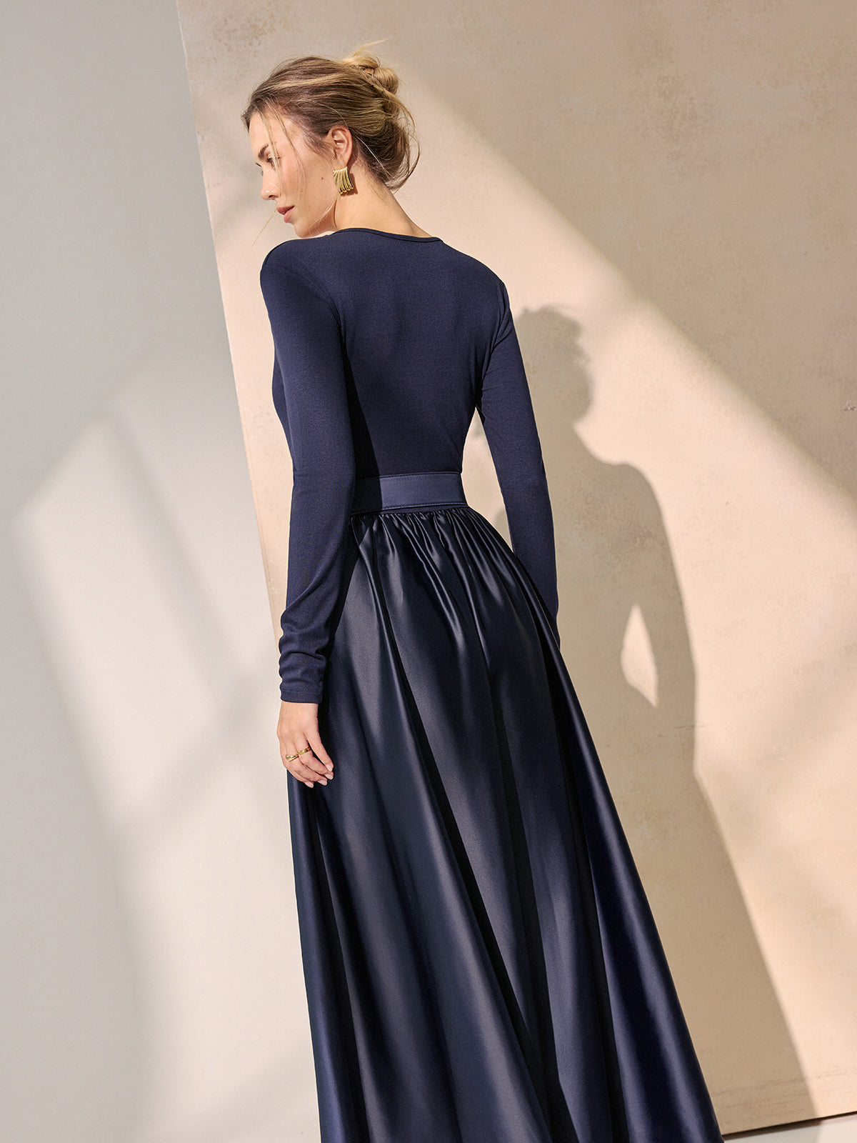 Belted Satin Panel V-Neck Long Sleeve Maxi Dress