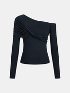 One-Shoulder Ruched Metal Buckle Long Sleeve Top