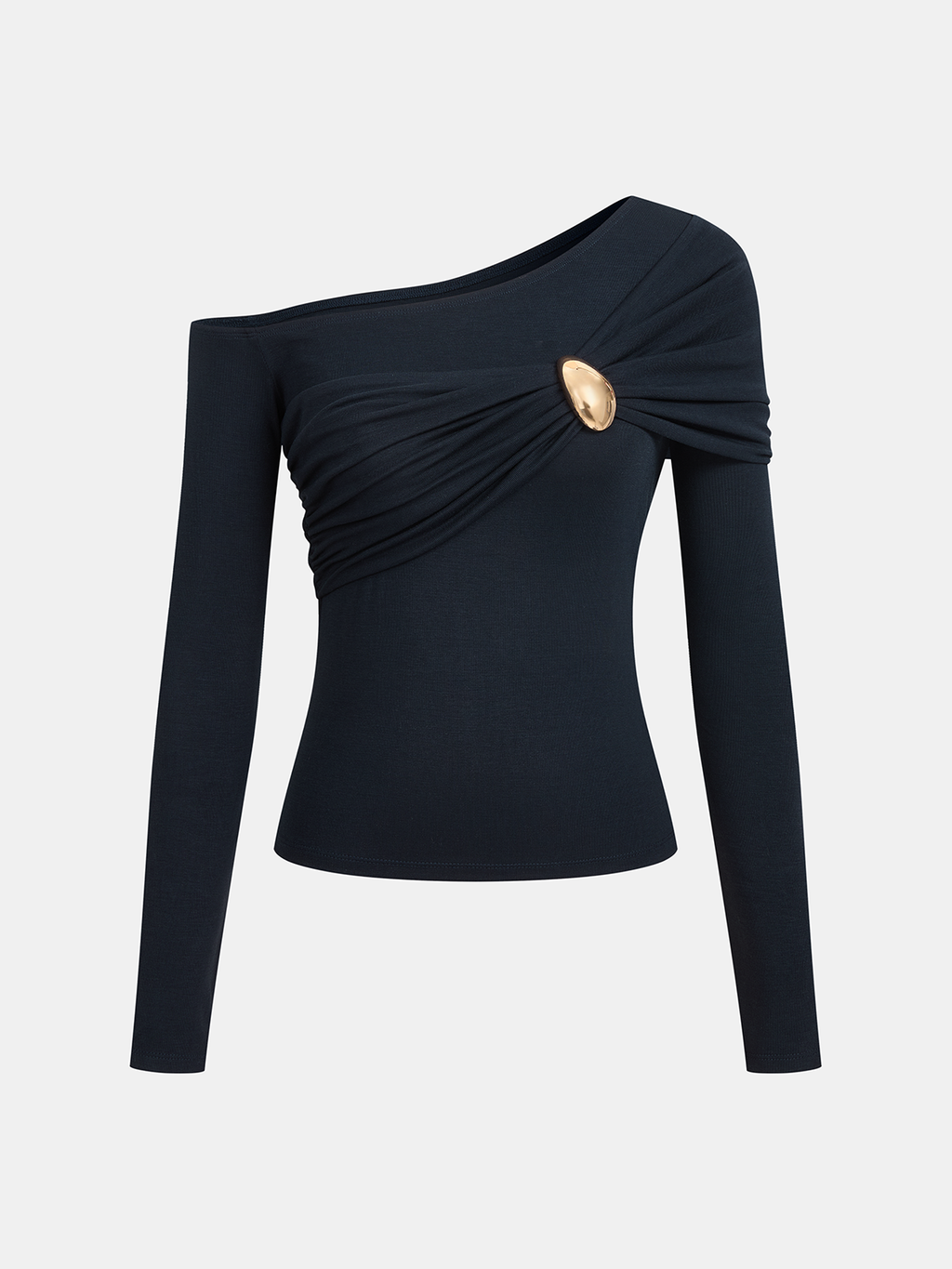 One-Shoulder Ruched Metal Buckle Long Sleeve Top