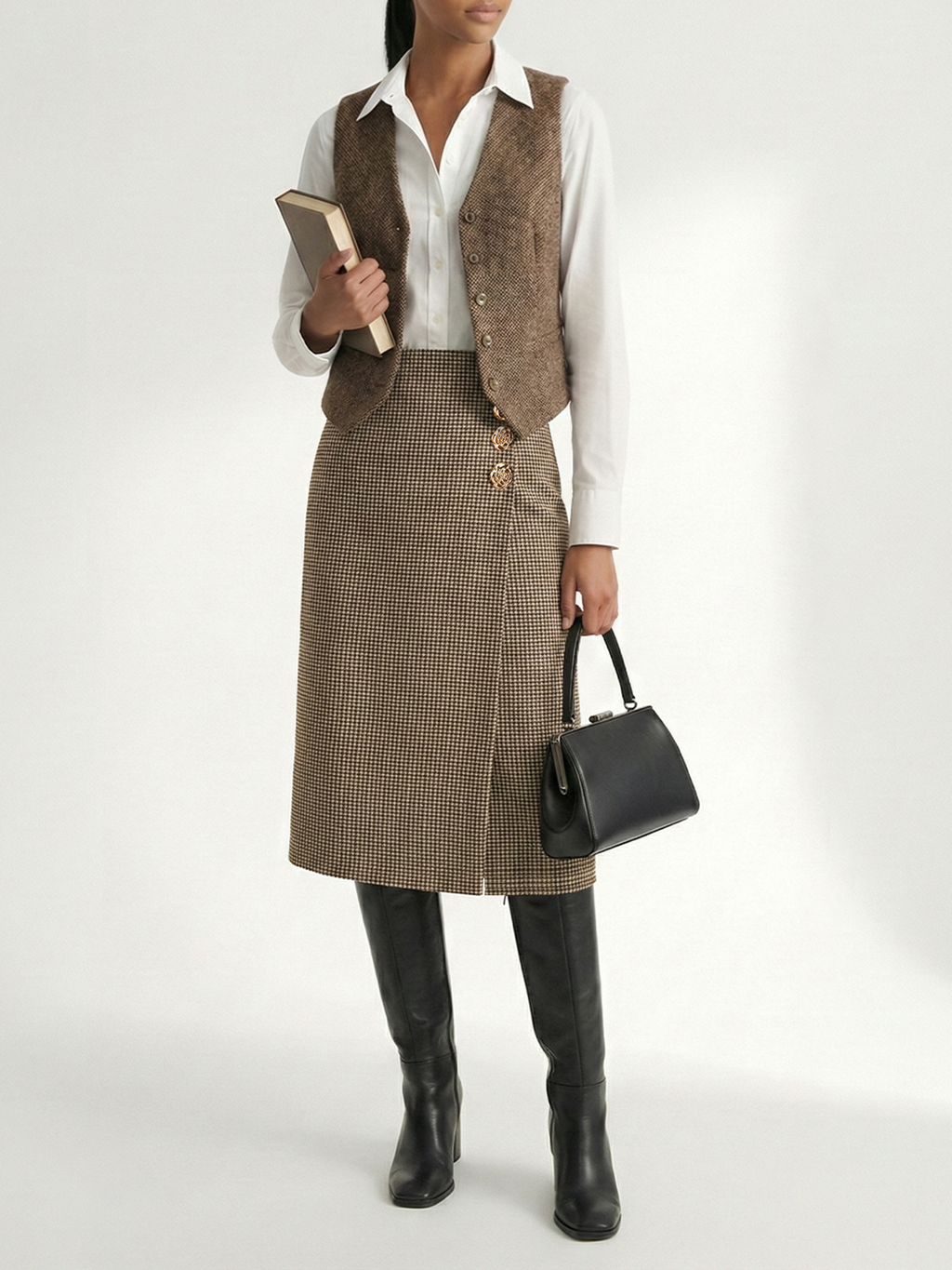 Metal Embellished Houndstooth Midi Skirt