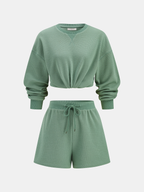 Waffle Knit Sweatshirt & Drawstring Shorts Set