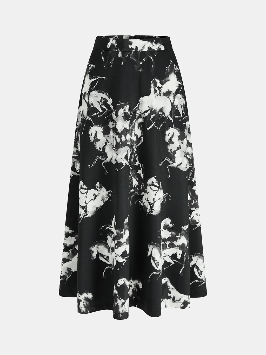Ink Horse Print A-Line Midi Skirt