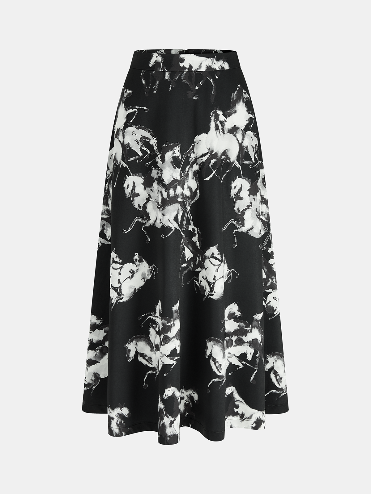 Ink Horse Print A-Line Midi Skirt