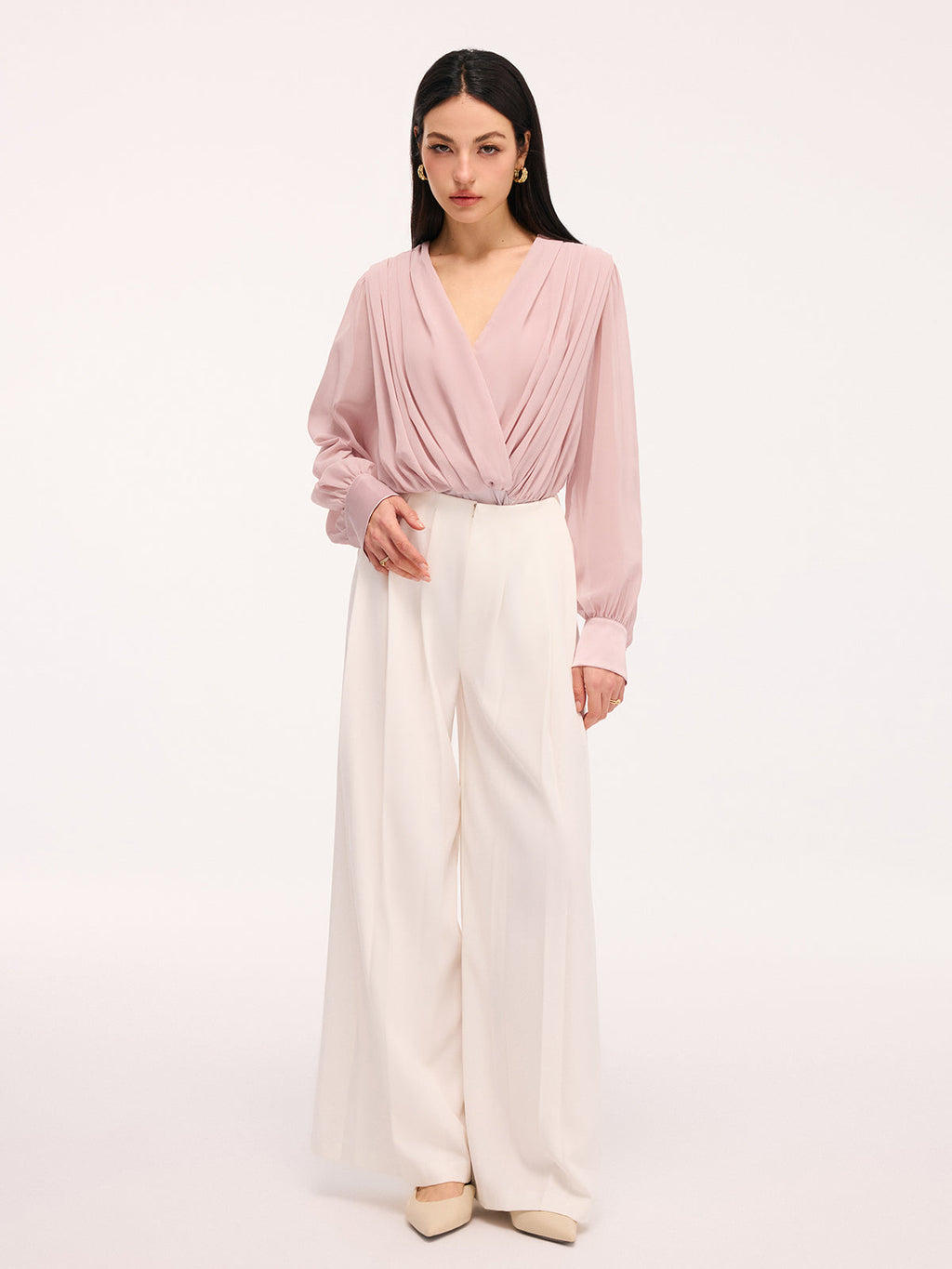 Pleated Deep V-Neck Long Sleeve Bodysuit