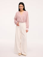 Pleated Deep V-Neck Long Sleeve Bodysuit