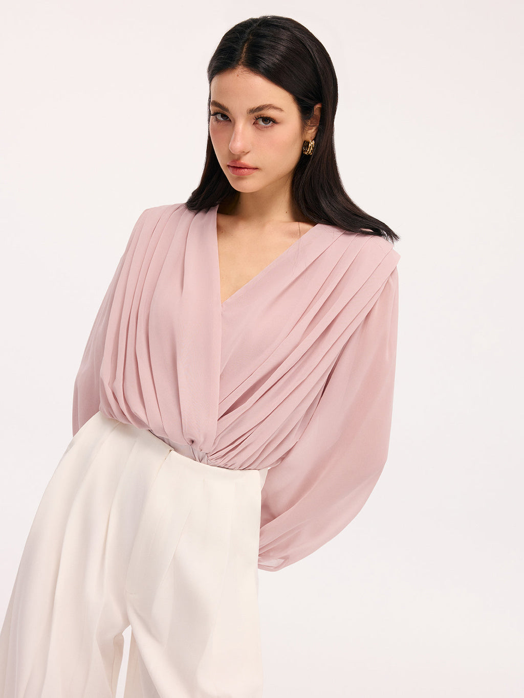 Pleated Deep V-Neck Long Sleeve Bodysuit