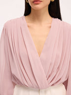 Pleated Deep V-Neck Long Sleeve Bodysuit