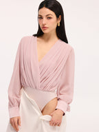 Pleated Deep V-Neck Long Sleeve Bodysuit