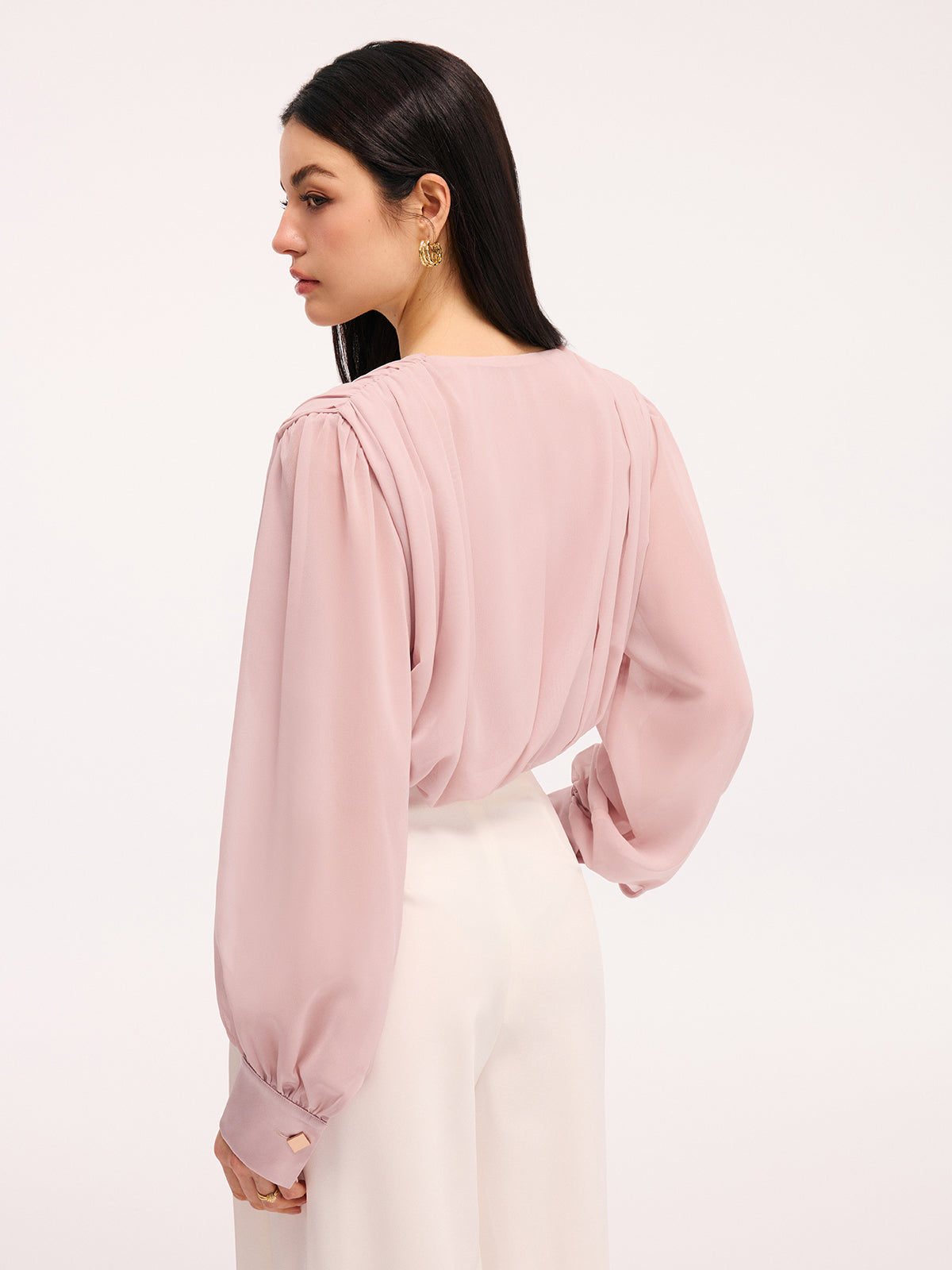 Pleated Deep V-Neck Long Sleeve Bodysuit