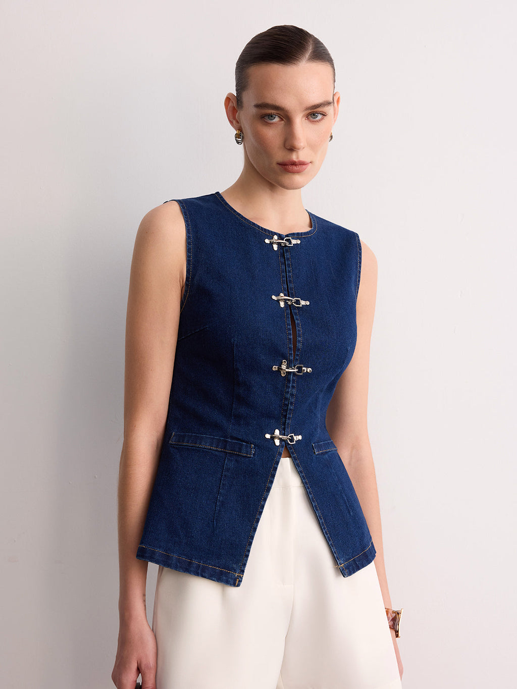Sleeveless Denim Buckle Vest