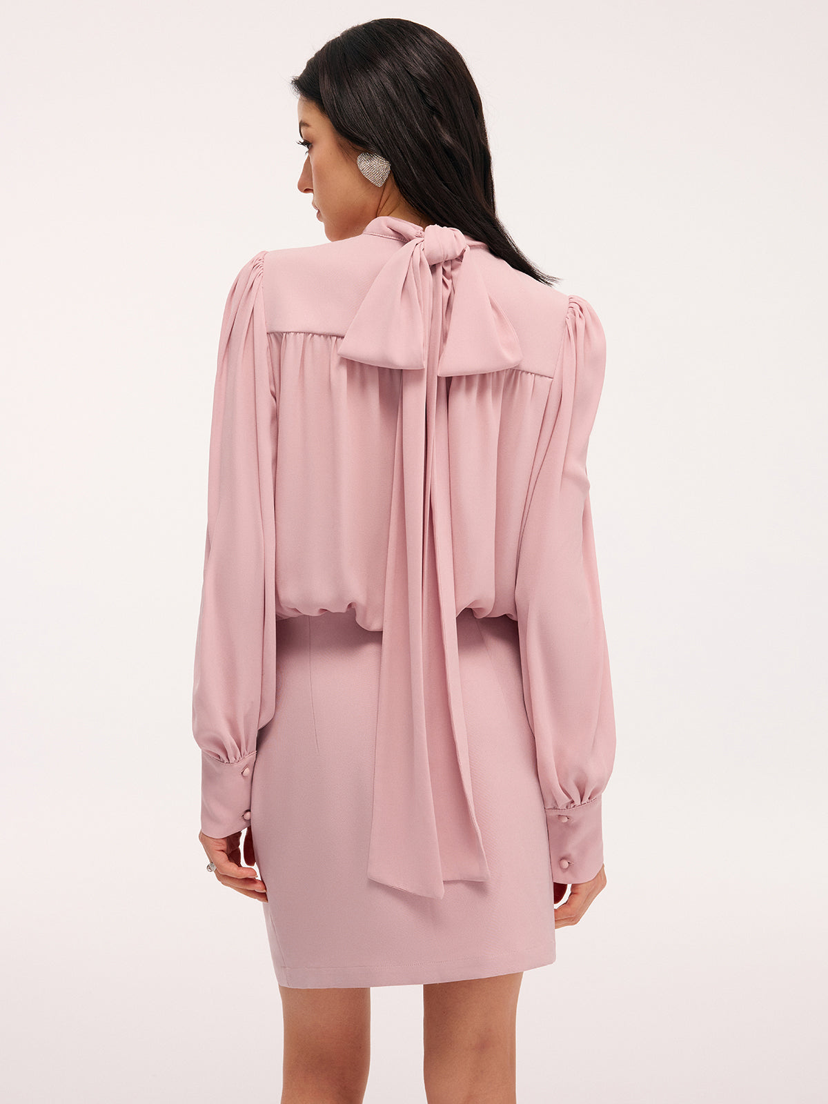 Back Bow Detail Puff-Sleeve Blouson Dress