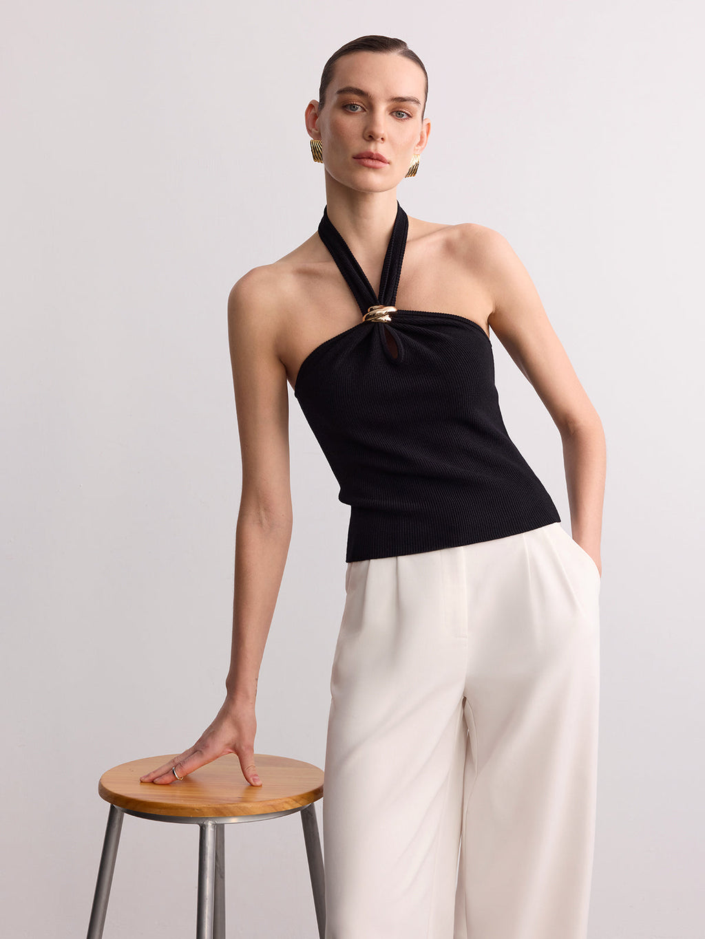 Ring Detail Ribbed Knit Halter Top