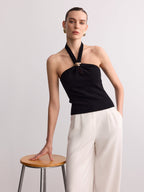 Ring Detail Ribbed Knit Halter Top