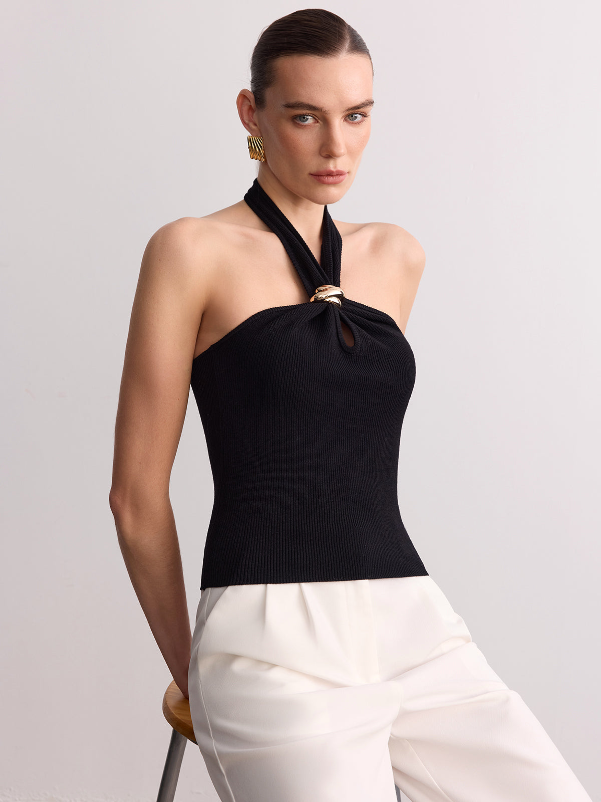 Ring Detail Ribbed Knit Halter Top