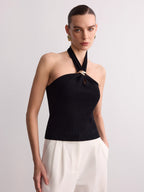 Ring Detail Ribbed Knit Halter Top