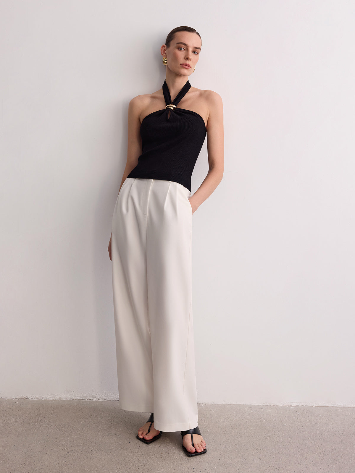 Ring Detail Ribbed Knit Halter Top