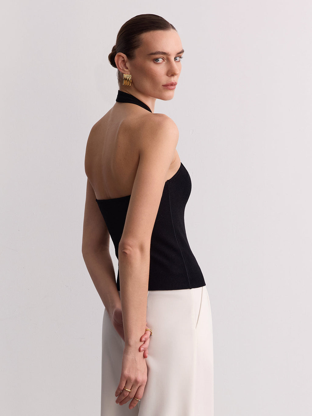 Ring Detail Ribbed Knit Halter Top