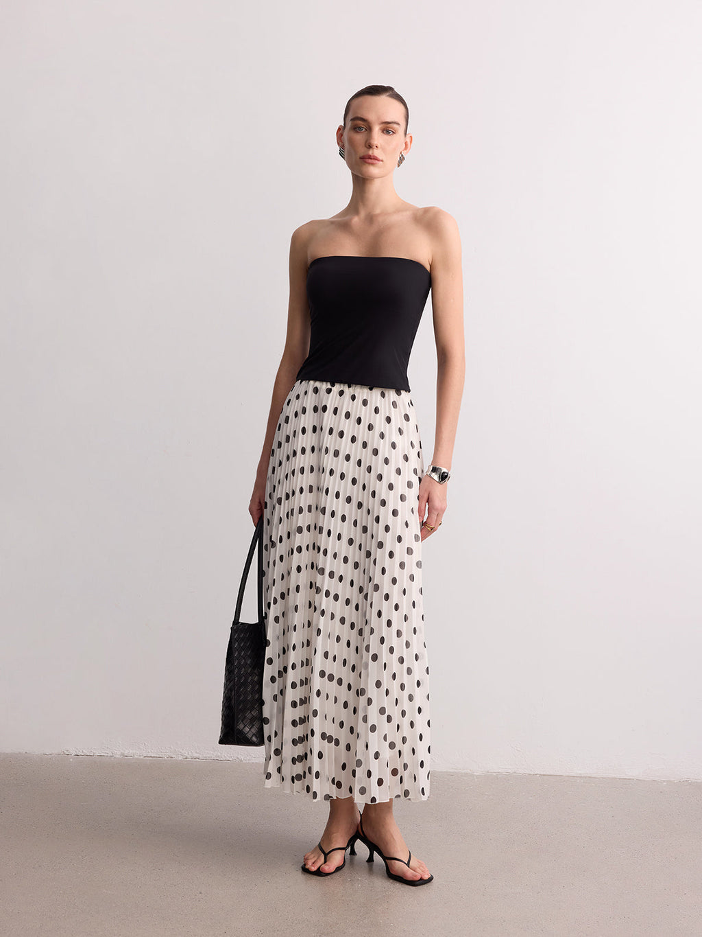 Pleated Polka Dot Maxi Skirt