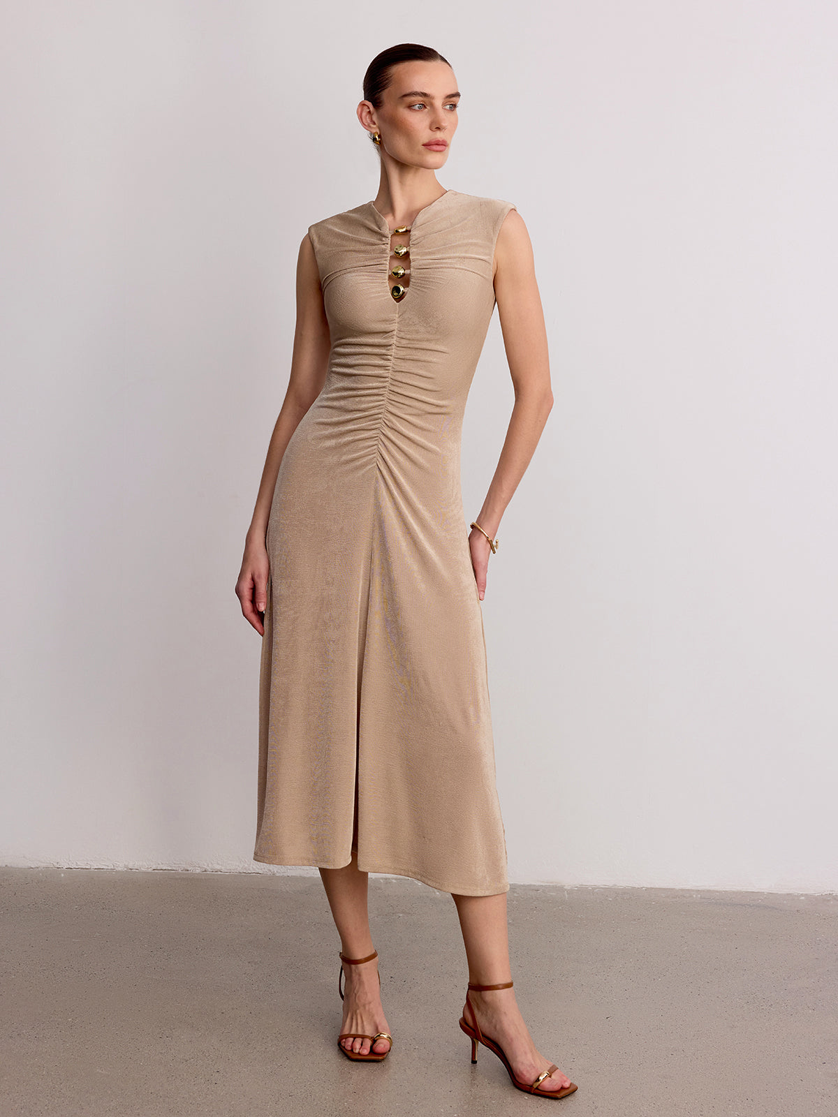 Metal Detail Sleeveless Ruched Maxi Dress