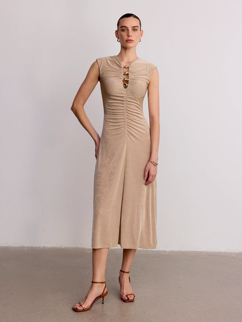 Metal Detail Sleeveless Ruched Maxi Dress
