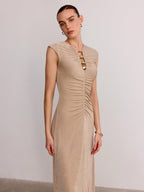 Metal Detail Sleeveless Ruched Maxi Dress