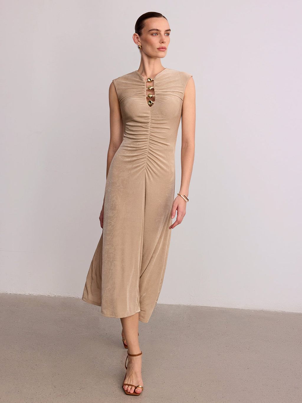 Metal Detail Sleeveless Ruched Maxi Dress