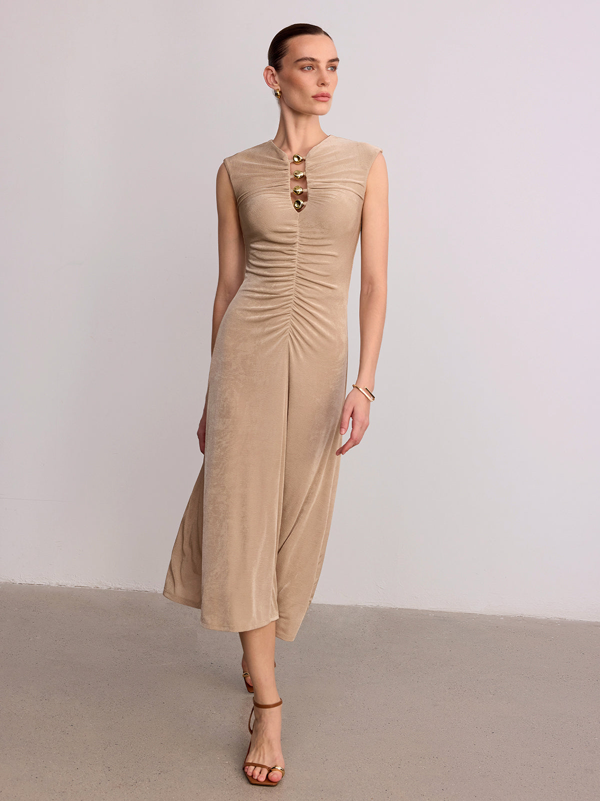 Metal Detail Sleeveless Ruched Maxi Dress