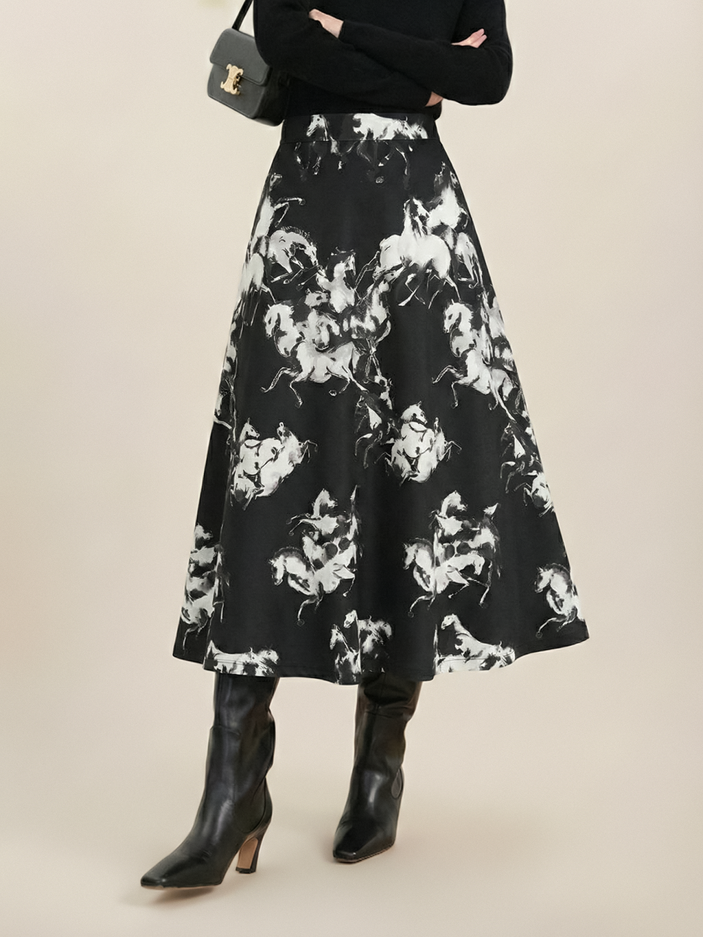 Ink Horse Print A-Line Midi Skirt