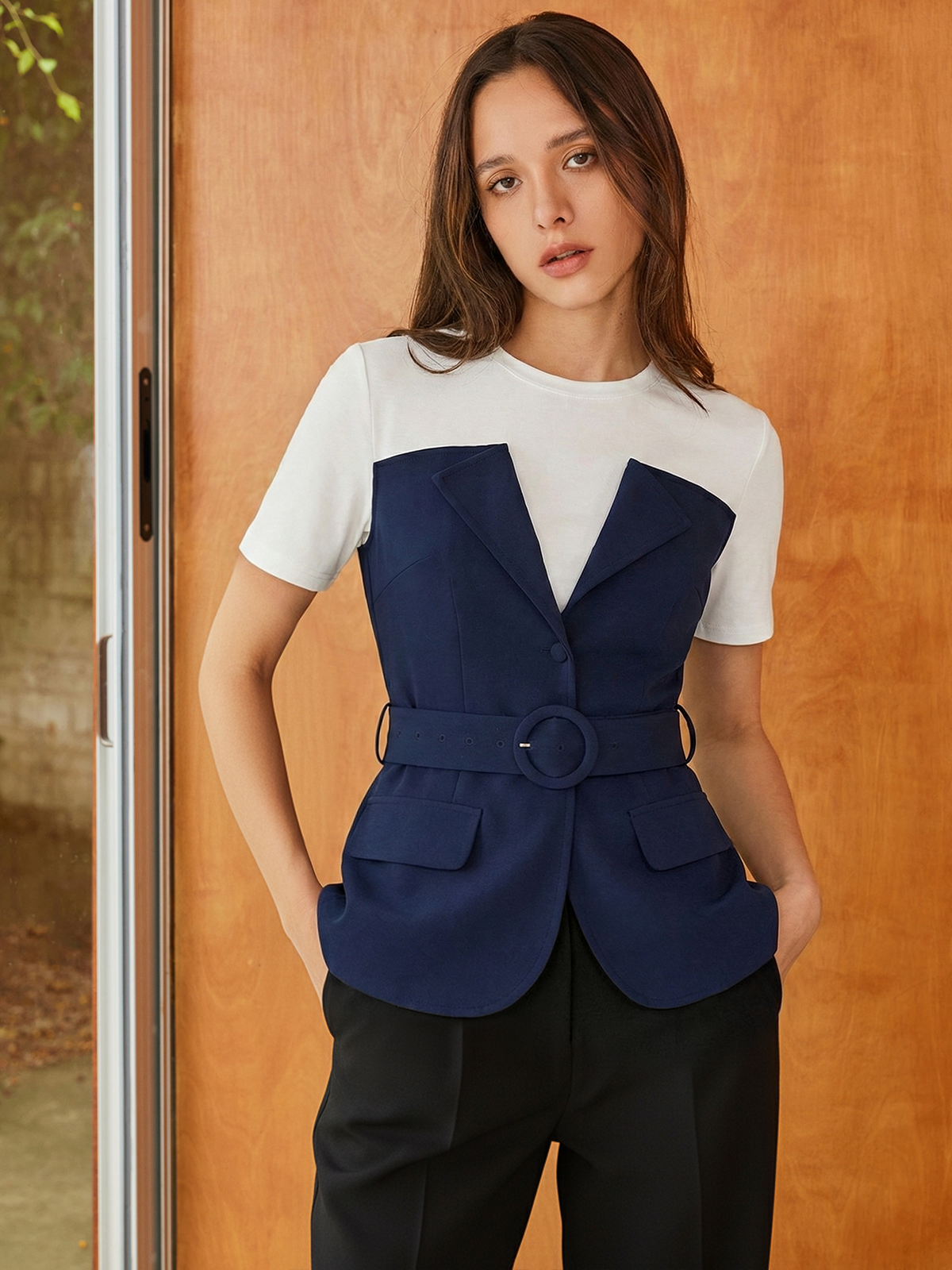 2 in 1 Belted Patchwork Short Sleeve Top